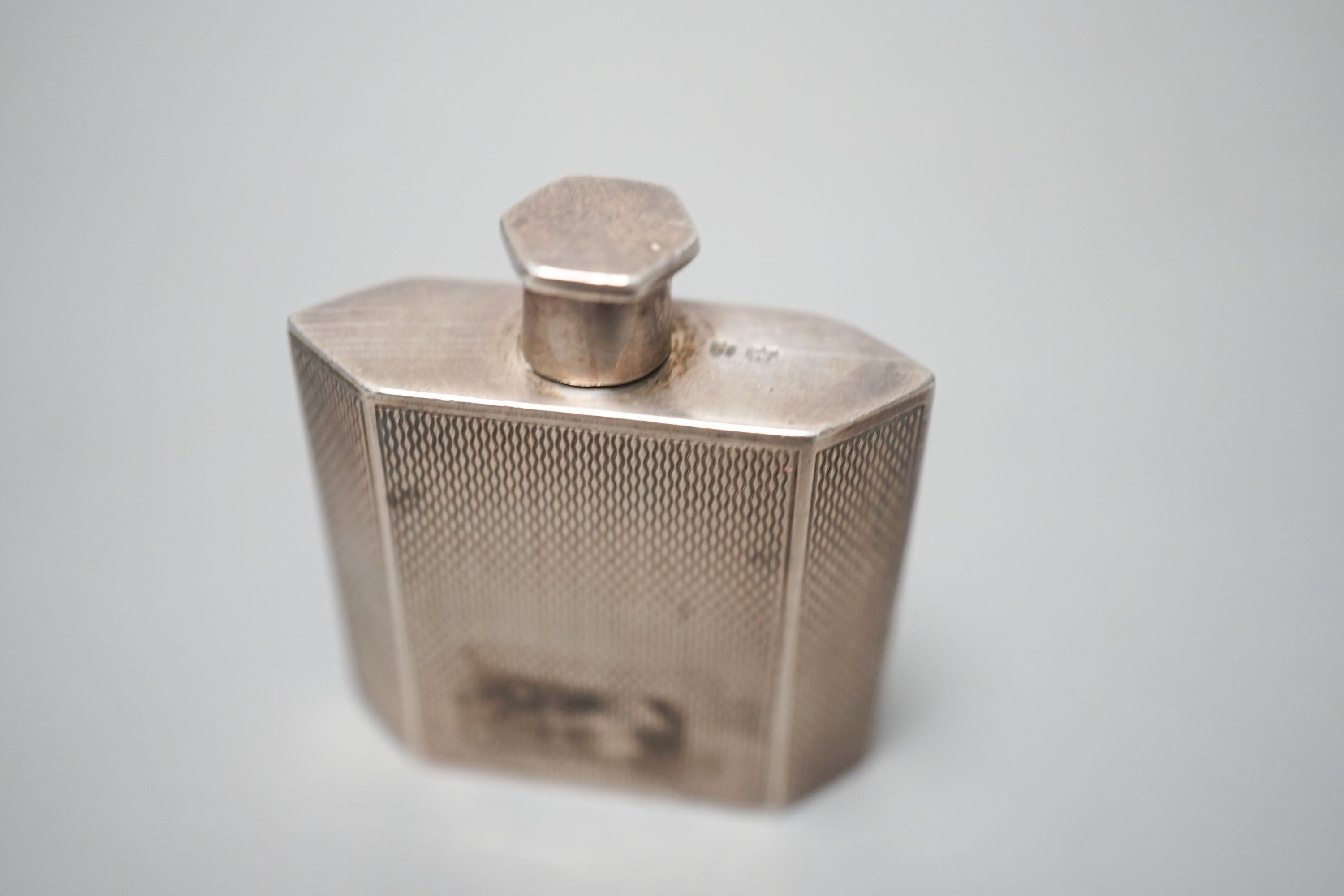 A 1930's silver and green enamel scent flask, by Mappin & Webb, 45mm.
